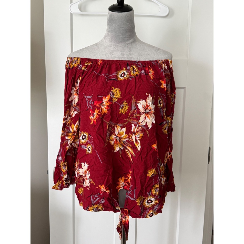 Est 1946 Burgundy Floral Off The Shoulder Bell Sleeve Tie Front Blouse 14/16W
